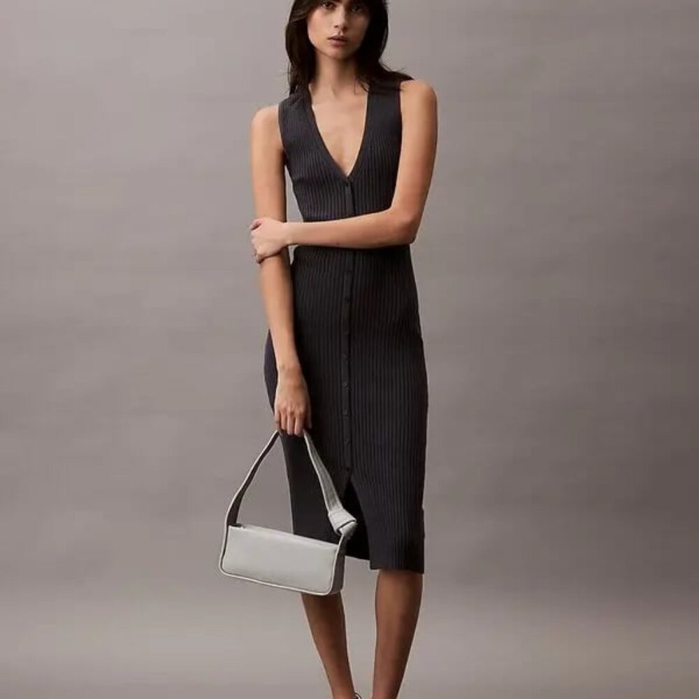 NWT Calvin Klein Women’s Cotton Rib V-Neck Button Dress Medium $99 New With Tags